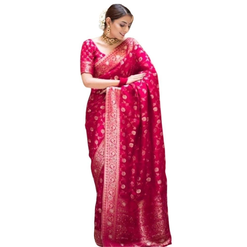 Seduva Women's Silk Printed Saree With Unstitched Blouse 5.5Mtr (Rani Pink)