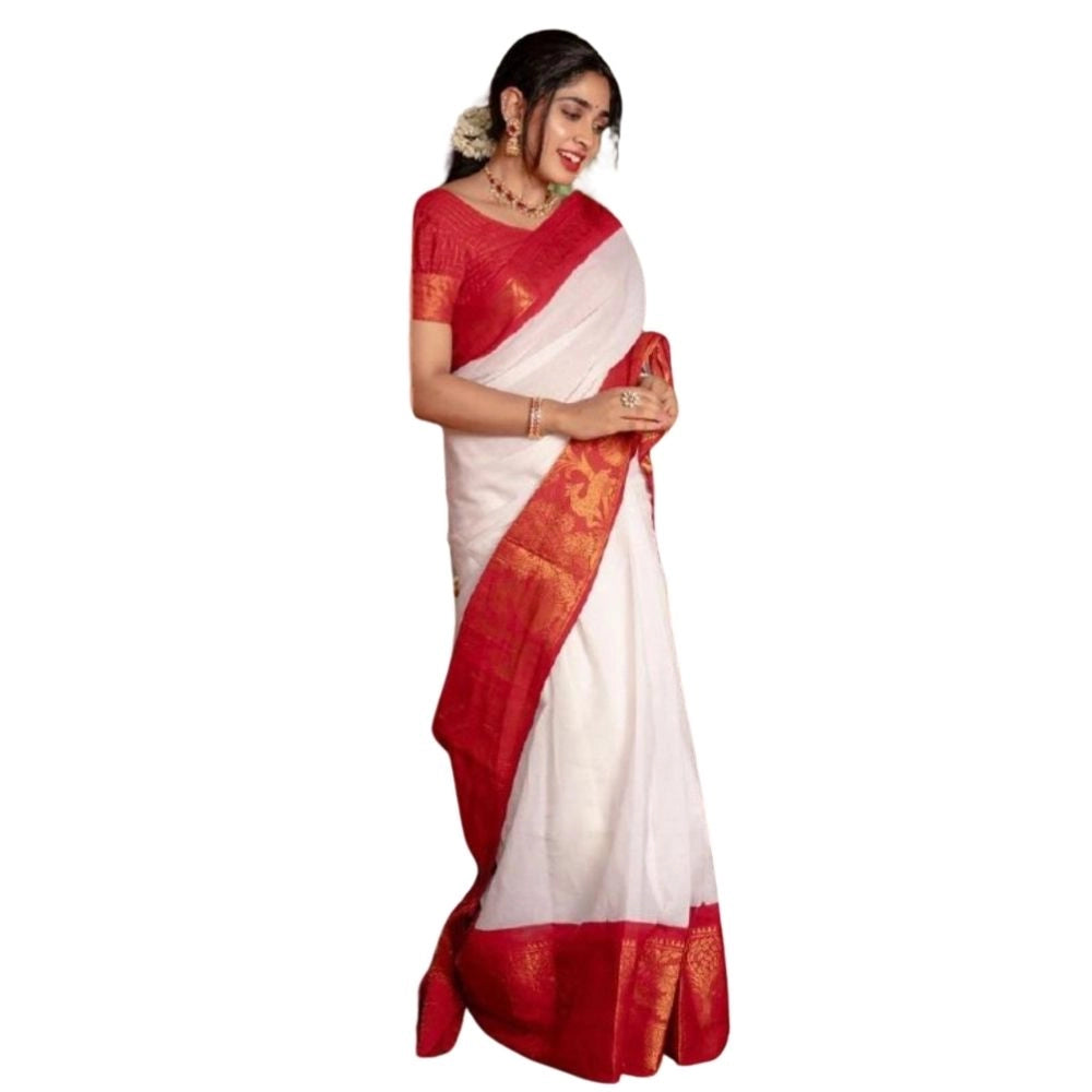 Seduva Women's Silk Printed Saree With Unstitched Blouse 5.5Mtr (White)