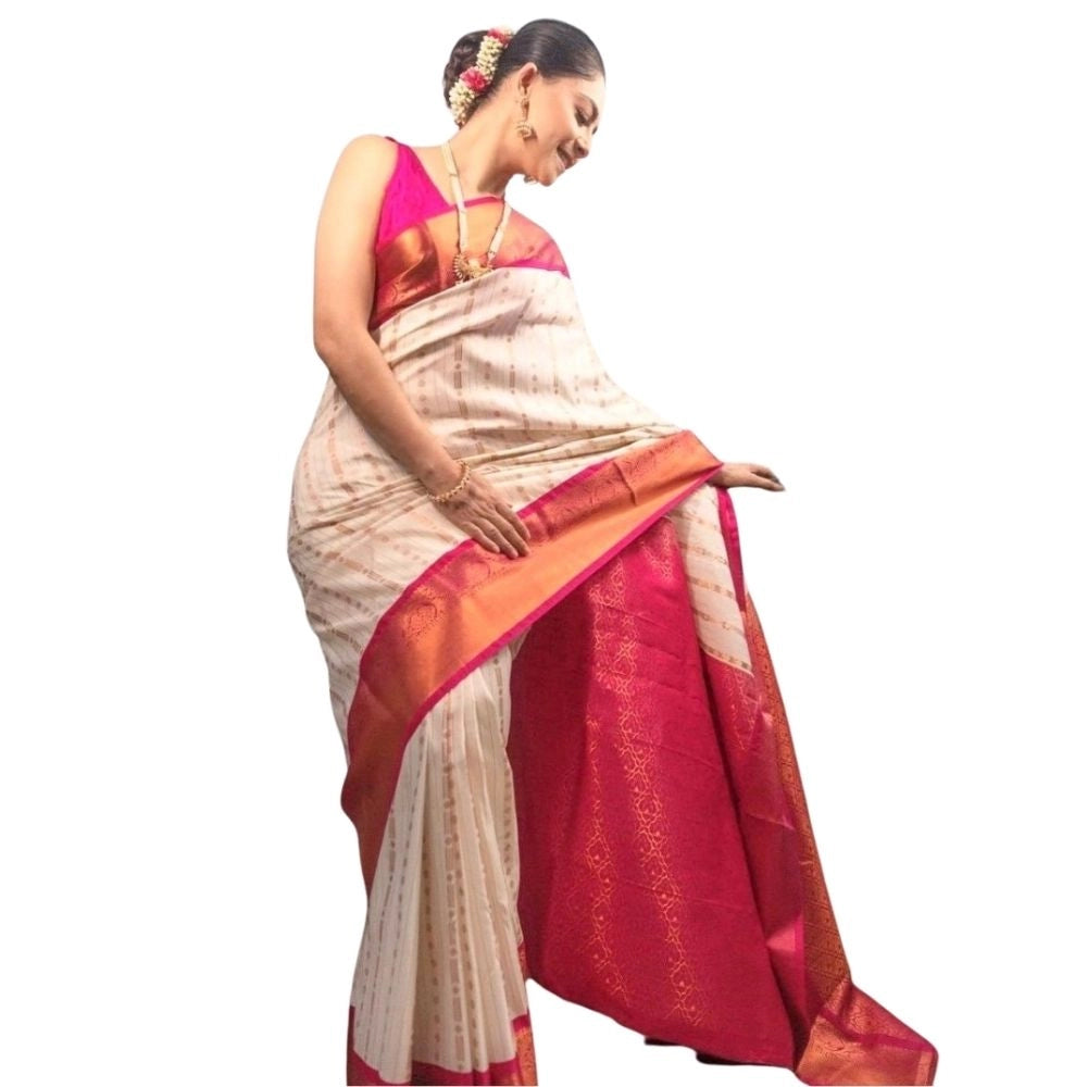 Seduva Women's Silk Printed Saree With Unstitched Blouse 5.5Mtr (White-Pink)