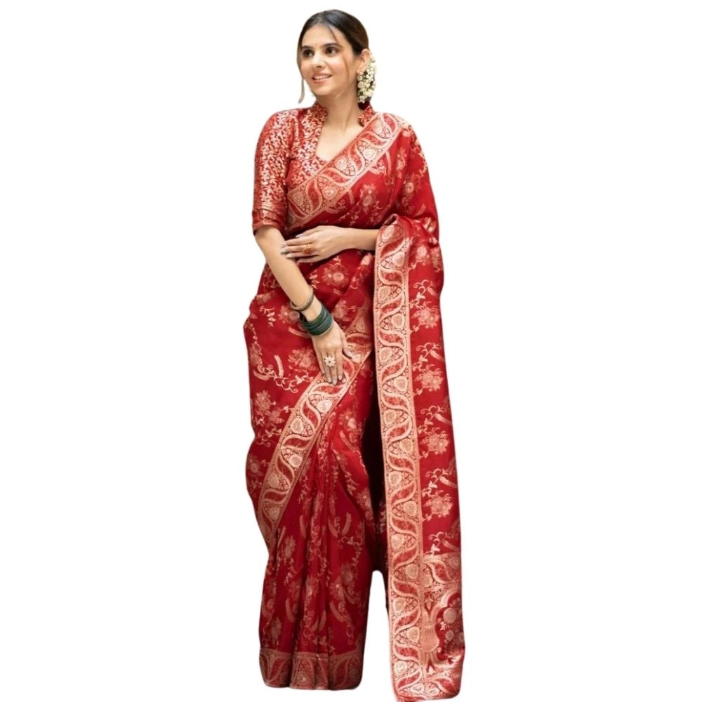 Seduva Women's Silk Printed Saree With Unstitched Blouse 5.5Mtr (Red)