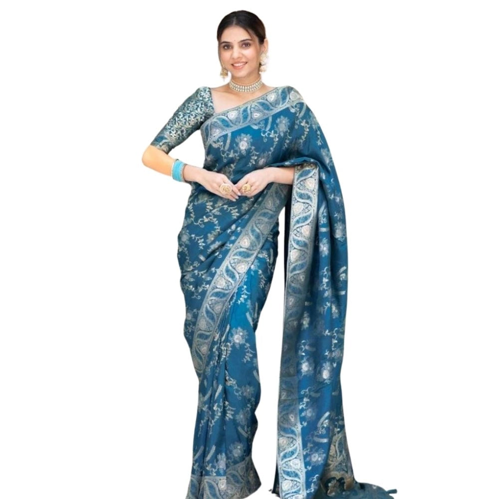 Seduva Women's Silk Printed Saree With Unstitched Blouse 5.5Mtr (Teal Blue)