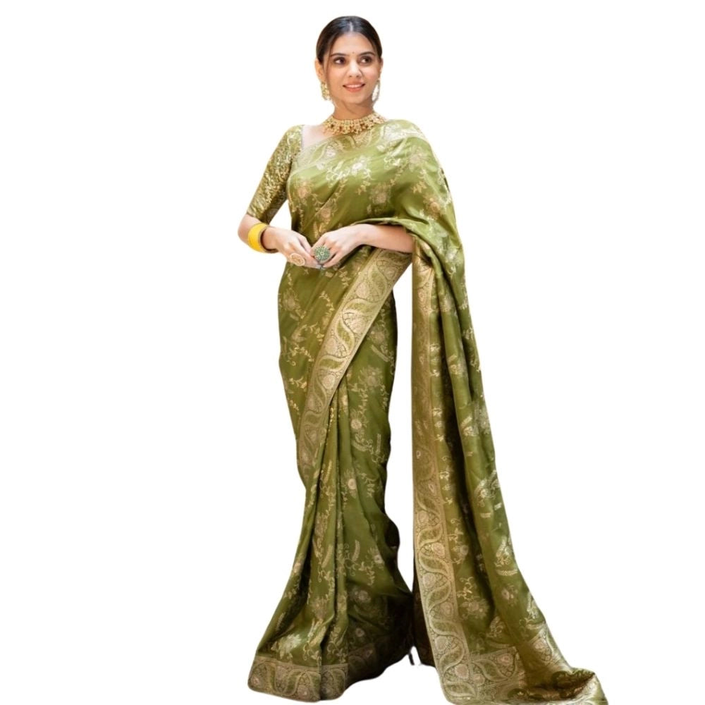 Seduva Women's Silk Printed Saree With Unstitched Blouse 5.5Mtr (Olive Green)