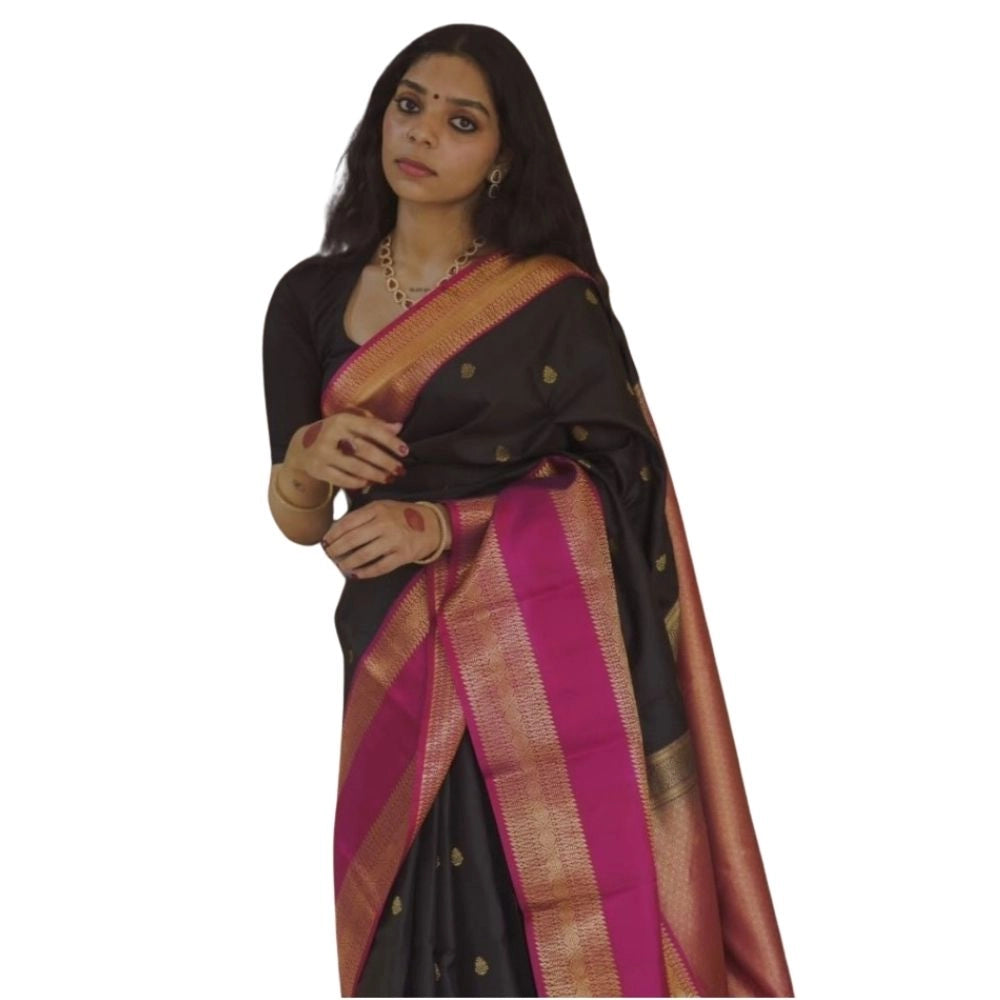 Seduva Women's Silk Printed Saree With Unstitched Blouse 5.5Mtr (Black-Pink)