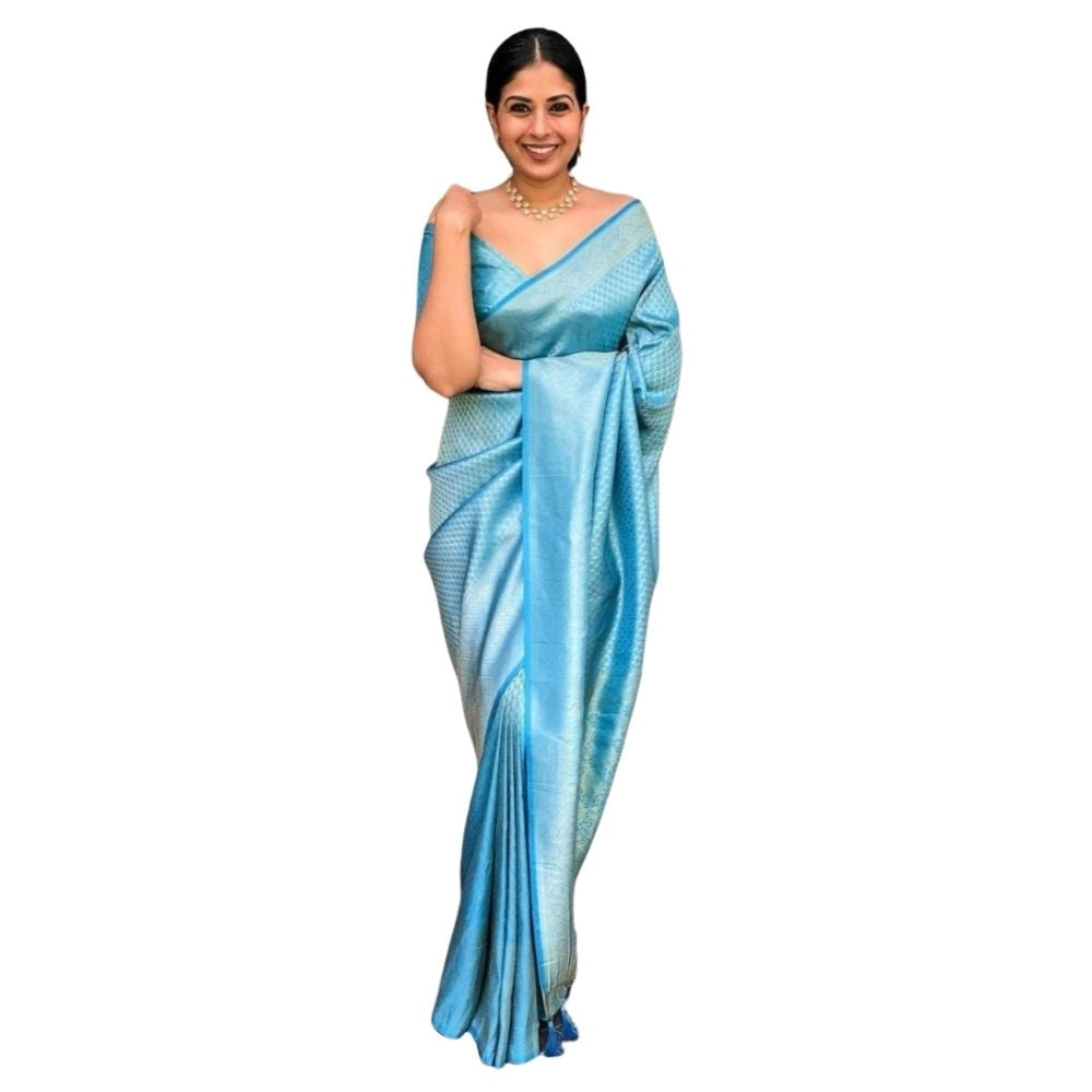 Seduva Women's Silk Printed Saree With Unstitched Blouse 5.5Mtr (Sky Blue)