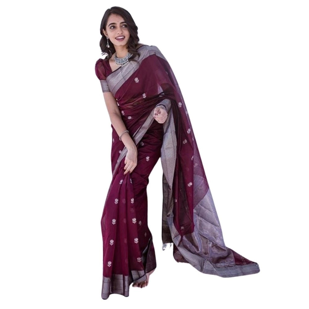 Seduva Women's Cotton  Printed Saree With Unstitched Blouse 5.5Mtr (Maroon)