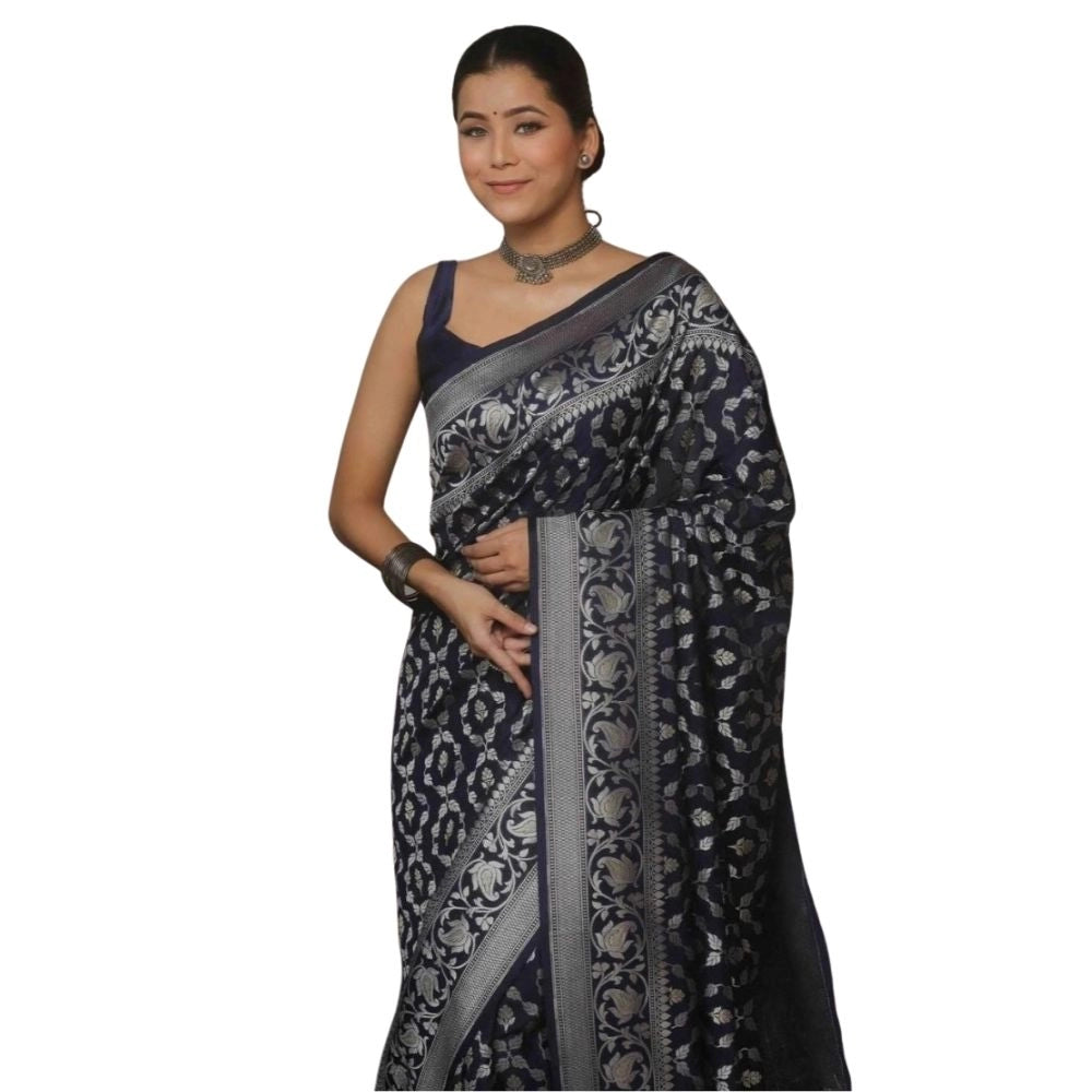 Seduva Women's Silk Printed Saree With Unstitched Blouse 5.5Mtr (Navy Blue)