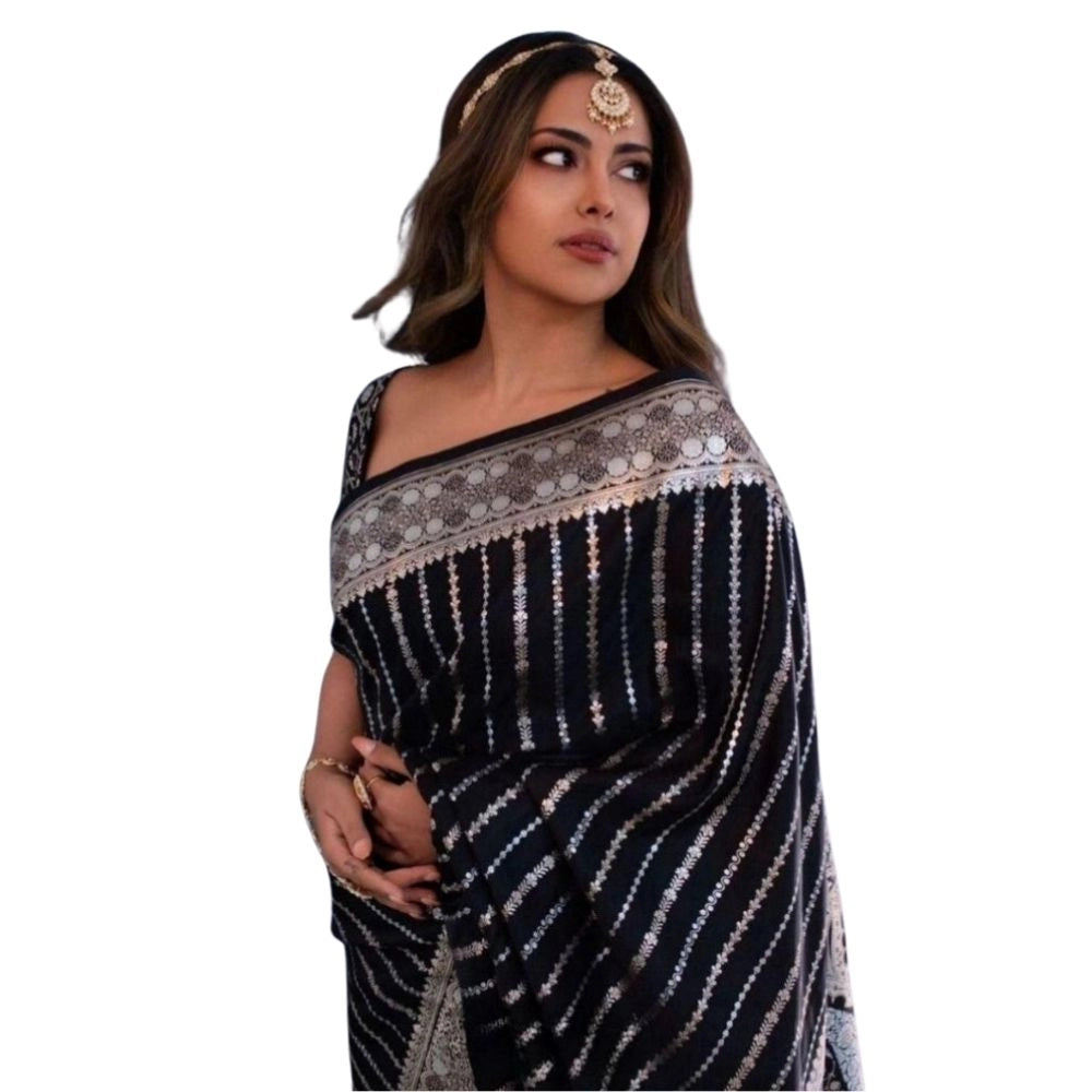 Seduva Women's Silk Printed Saree With Unstitched Blouse 5.5Mtr (Black)