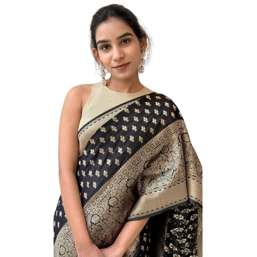 Seduva Women's Silk Printed Saree With Unstitched Blouse 5.5Mtr (Black)