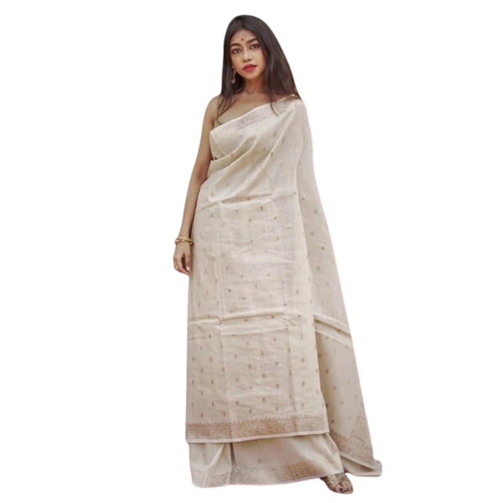 Seduva Women's Cotton  Printed Saree With Unstitched Blouse 5.5Mtr (Cream)
