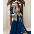 Seduva Women's Georgette Embroidery 3-4th Sleeve V-Neck Kurti, Palazzo And Dupatta Set (Morpich)