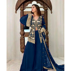 Seduva Women's Georgette Embroidery 3-4th Sleeve V-Neck Kurti, Palazzo And Dupatta Set (Morpich)