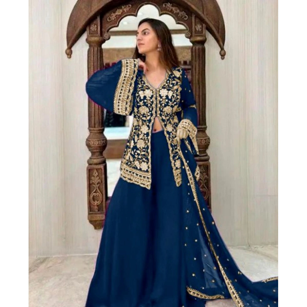 Seduva Women's Georgette Embroidery 3-4th Sleeve V-Neck Kurti, Palazzo And Dupatta Set (Morpich)