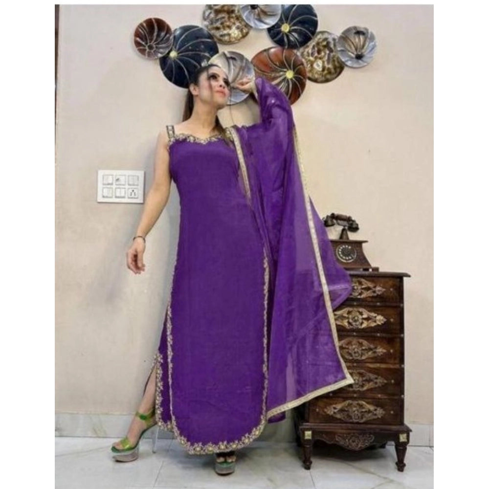 Seduva Women's Georgette Embroidery Sleeveless Round Neck Kurti, Palazzo And Dupatta Set (Purple)