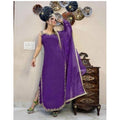 Seduva Women's Georgette Embroidery Sleeveless Round Neck Kurti, Palazzo And Dupatta Set (Purple)