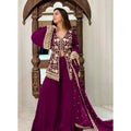 Seduva Women's Georgette Embroidery 3-4th Sleeve V-Neck Kurti, Palazzo And Dupatta Set (Wine)
