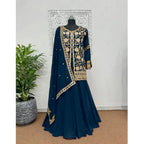 Seduva Women's Georgette Embroidery 3-4th Sleeve V-Neck Kurti, Palazzo And Dupatta Set (Morpich)