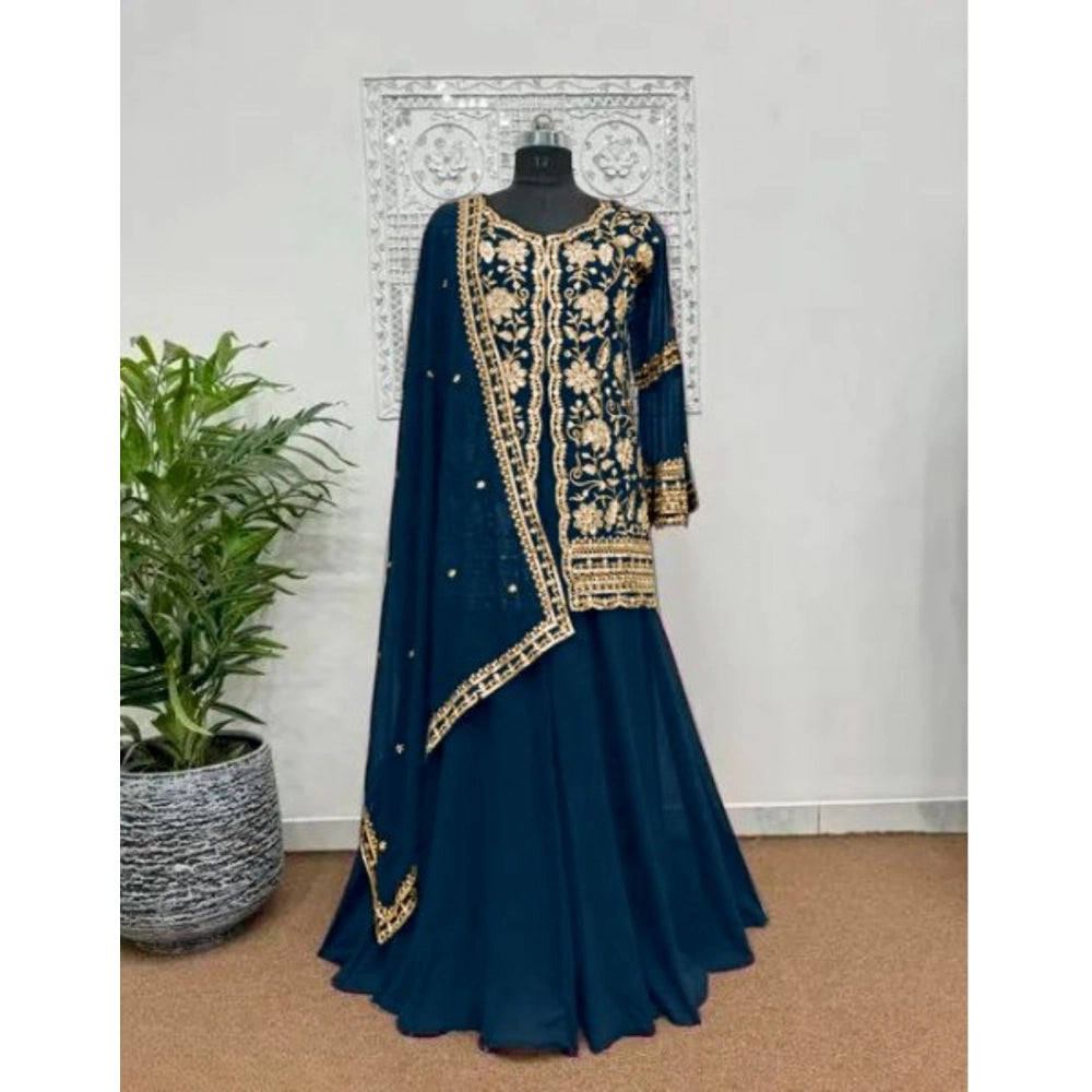 Seduva Women's Georgette Embroidery 3-4th Sleeve V-Neck Kurti, Palazzo And Dupatta Set (Morpich)