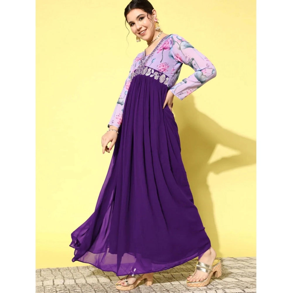 Seduva Women's Georgette Embroidery 3-4th Sleeve V-Neck Kurti (Purple)