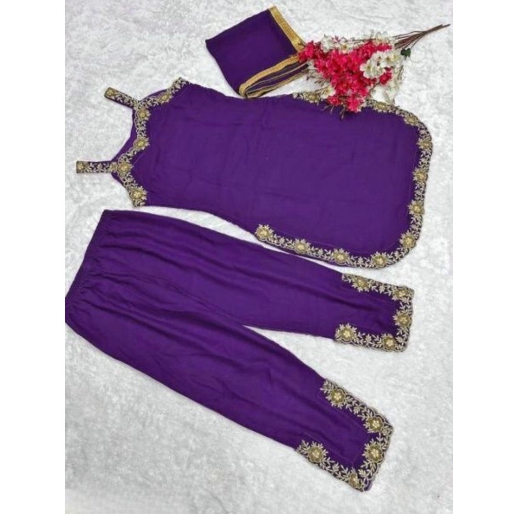 Seduva Women's Georgette Embroidery Sleeveless Round Neck Kurti, Palazzo And Dupatta Set (Purple)