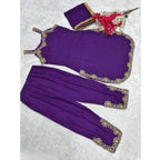 Seduva Women's Georgette Embroidery Sleeveless Round Neck Kurti, Palazzo And Dupatta Set (Purple)