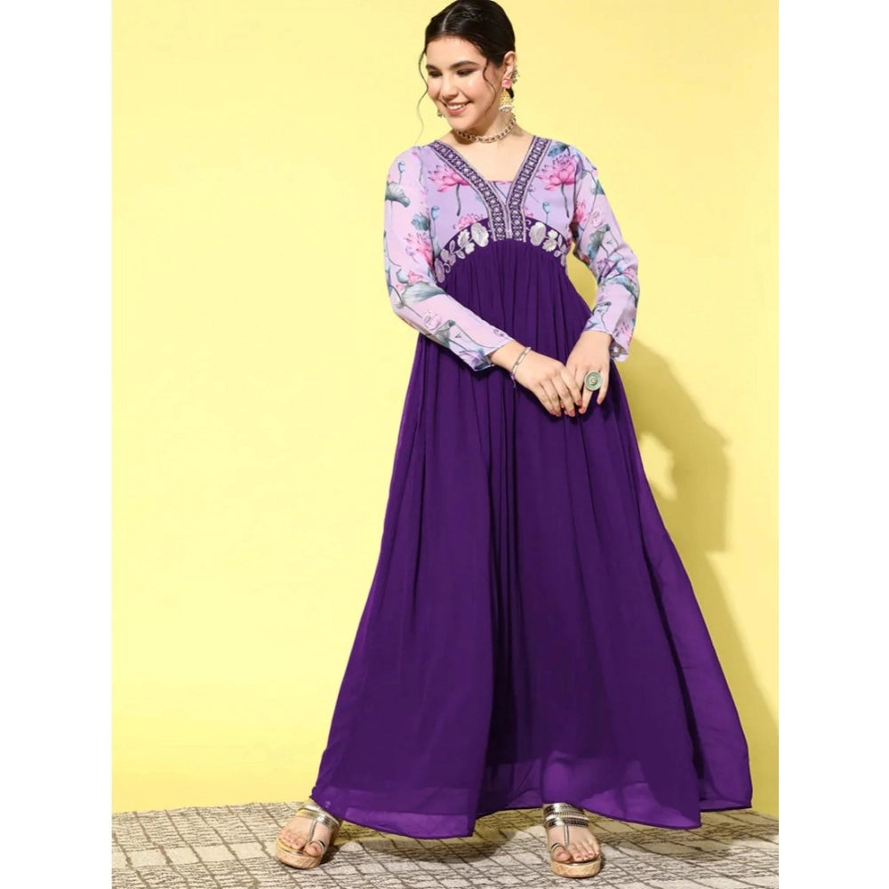 Seduva Women's Georgette Embroidery 3-4th Sleeve V-Neck Kurti (Purple)