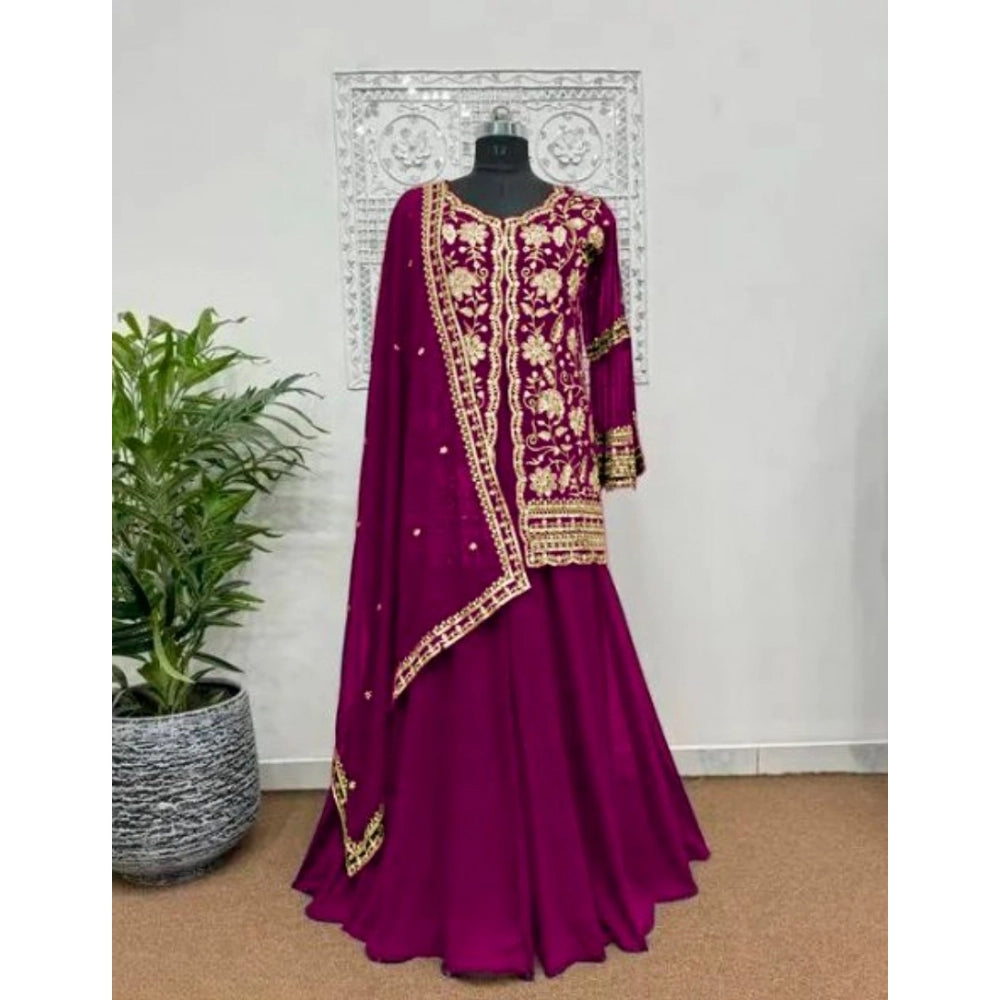 Seduva Women's Georgette Embroidery 3-4th Sleeve V-Neck Kurti, Palazzo And Dupatta Set (Wine)