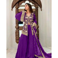 Seduva Women's Georgette Embroidery 3-4th Sleeve V-Neck Kurti, Palazzo And Dupatta Set (Purple)