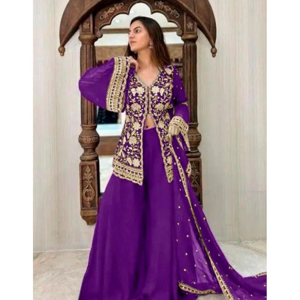 Seduva Women's Georgette Embroidery 3-4th Sleeve V-Neck Kurti, Palazzo And Dupatta Set (Purple)