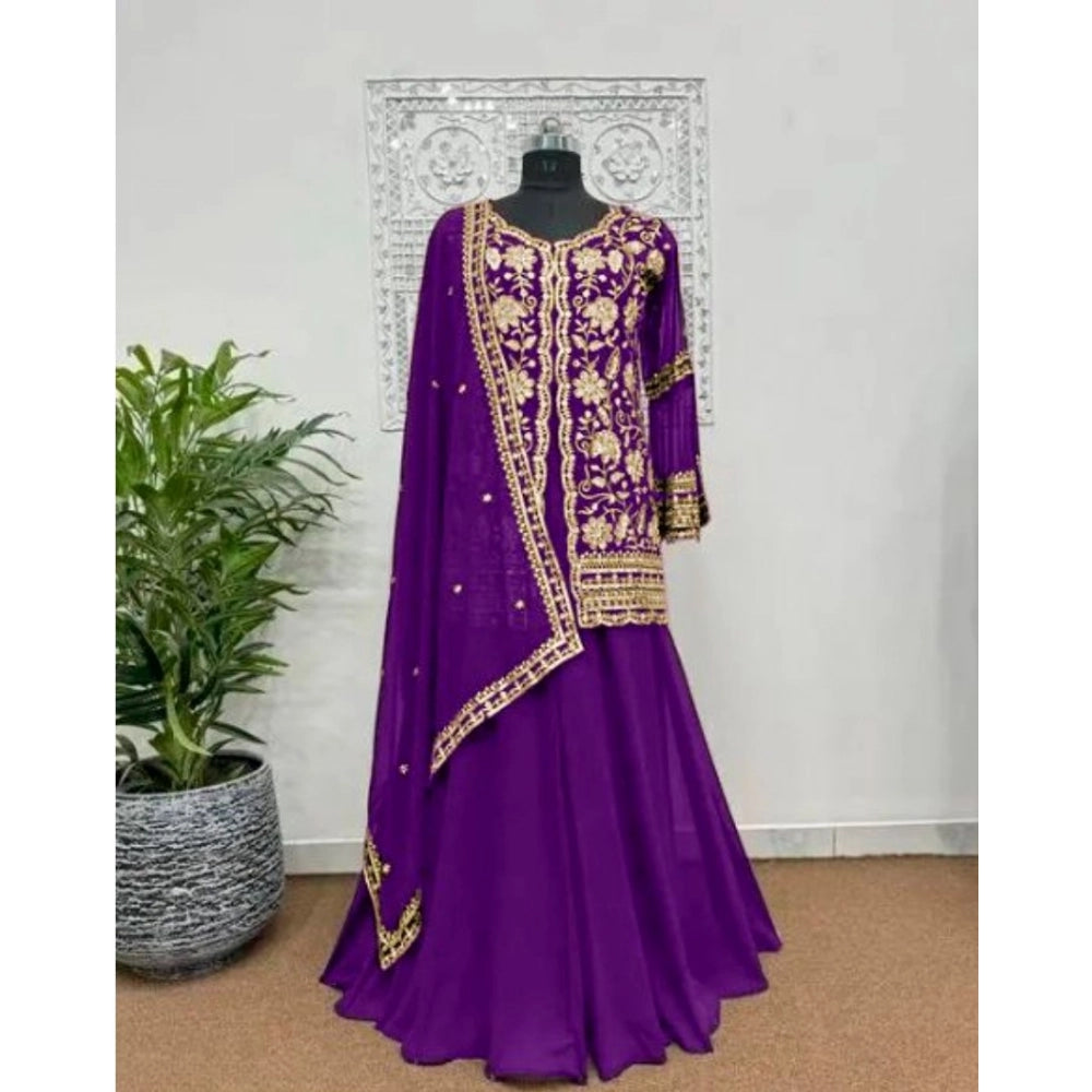 Seduva Women's Georgette Embroidery 3-4th Sleeve V-Neck Kurti, Palazzo And Dupatta Set (Purple)