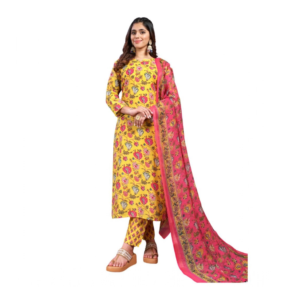 Seduva Women's Cotton Blend Printed Kurti With Pant Dupatta Set (Yellow)