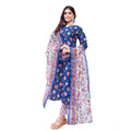 Seduva Women's Cotton Blend Printed Kurti With Pant Dupatta Set (Blue)