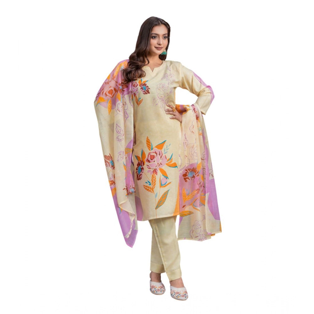 Seduva Women's Cotton Blend Printed Kurti With Pant Dupatta Set (Cream)