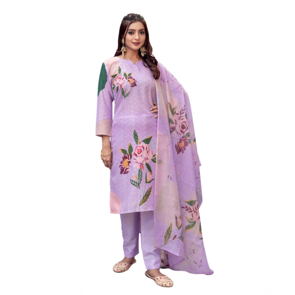 Seduva Women's Cotton Blend Printed Kurti With Pant Dupatta Set (Lavender)