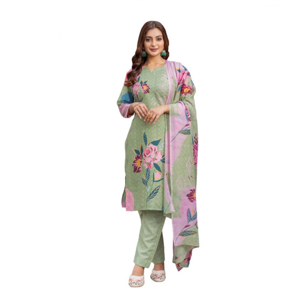 Seduva Women's Cotton Blend Printed Kurti With Pant Dupatta Set (Mehendi)