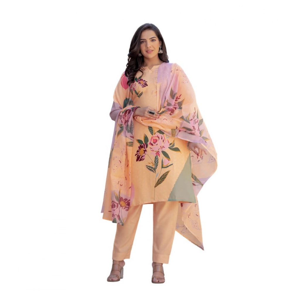 Seduva Women's Cotton Blend Printed Kurti With Pant Dupatta Set (Orange)