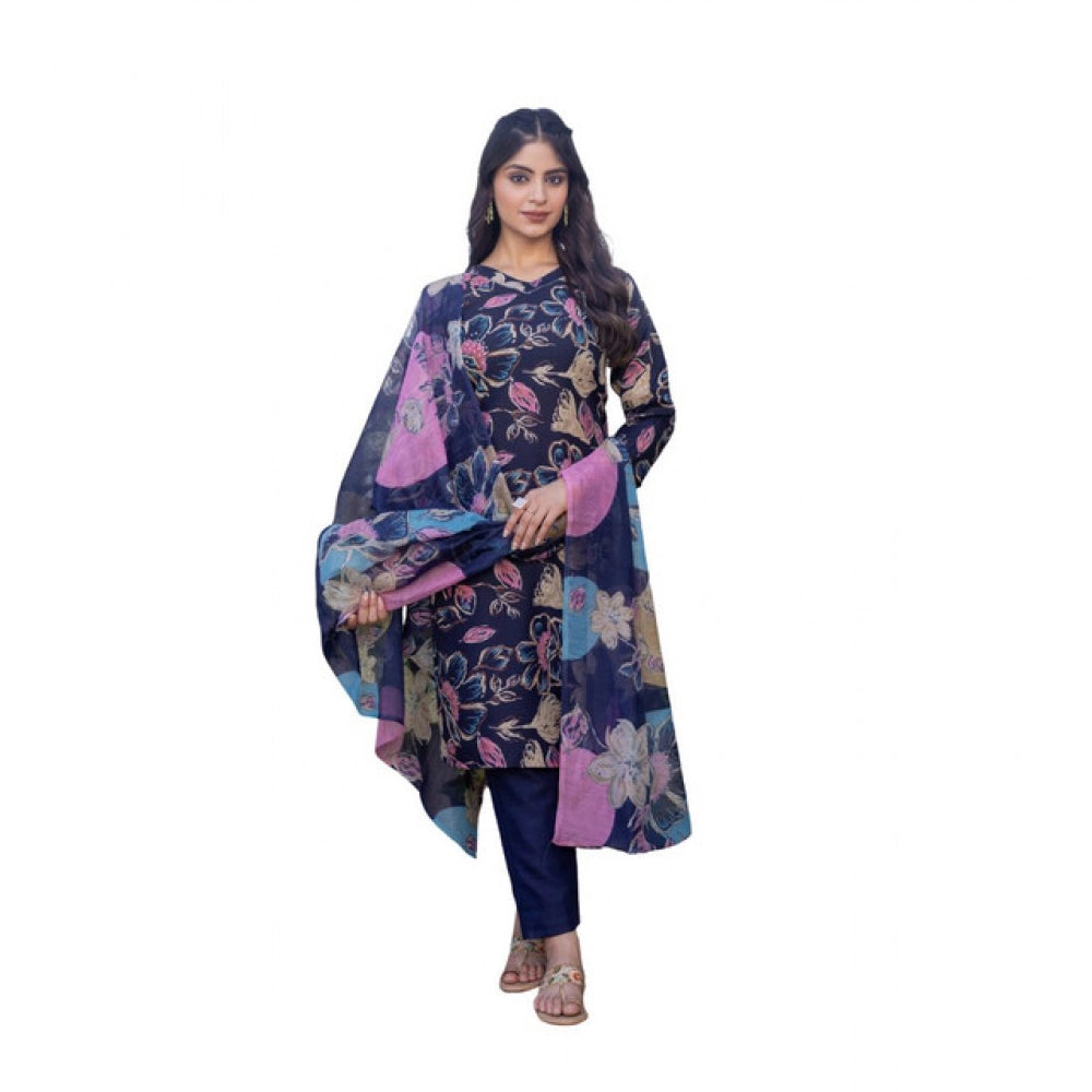 Seduva Women's Cotton Blend Printed Kurti With Pant Dupatta Set (NavyBlue)