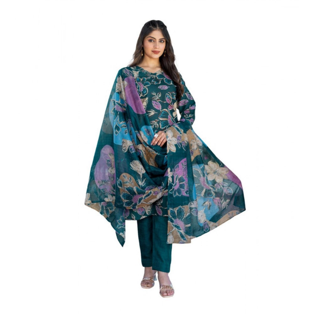 Seduva Women's Cotton Blend Printed Kurti With Pant Dupatta Set (Rama)
