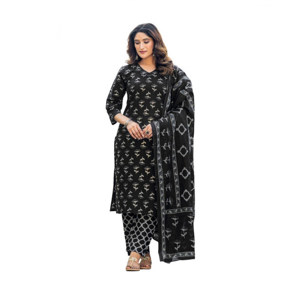 Seduva Women's Cotton Blend Printed Kurti With Pant Dupatta Set (Black)