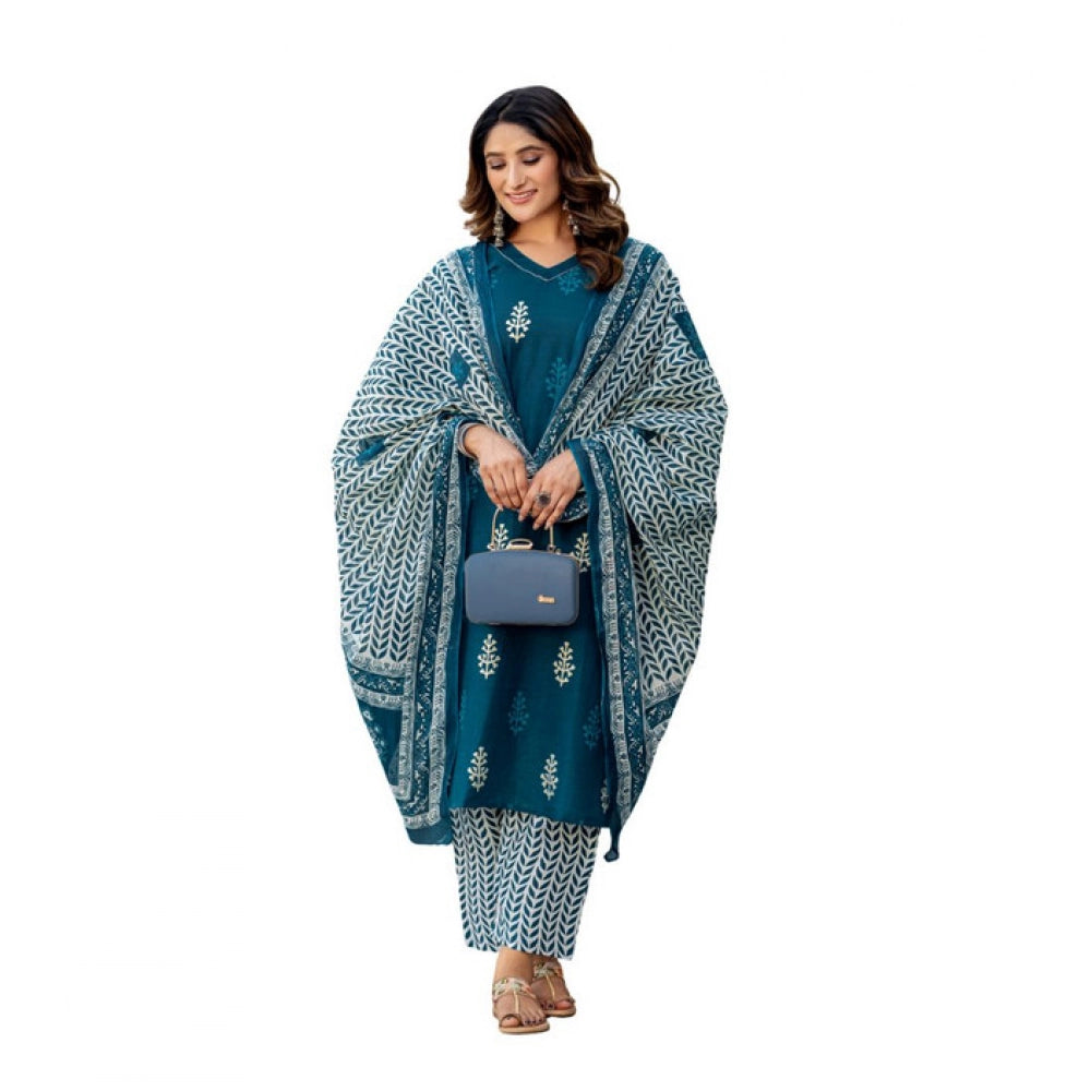 Seduva Women's Cotton Blend Printed Kurti With Pant Dupatta Set (Morpichh)