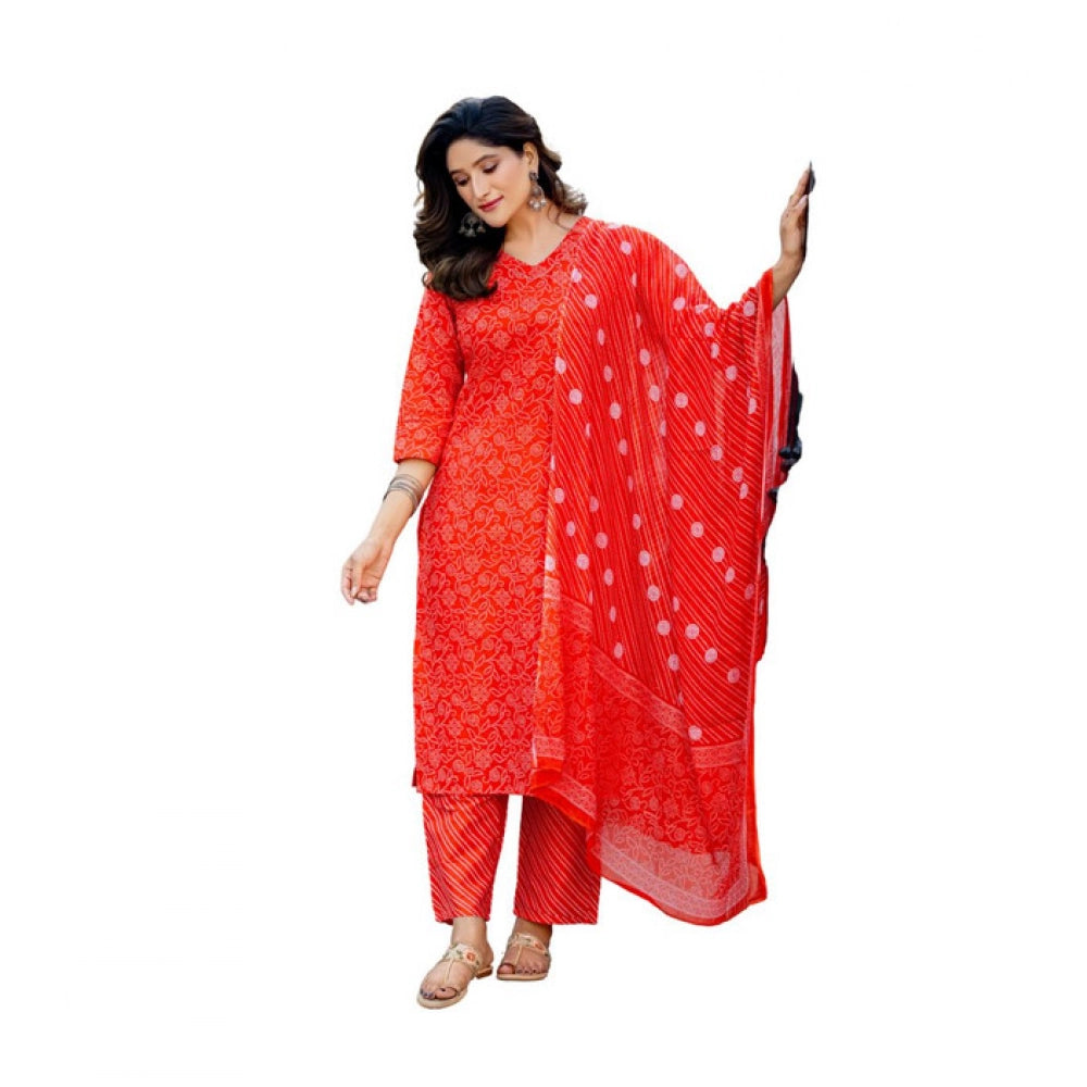Seduva Women's Cotton Blend Printed Kurti With Pant Dupatta Set (Orange)