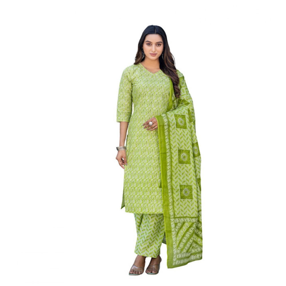 Seduva Women's Cotton Blend Printed Kurti With Pant Dupatta Set (Parrot)