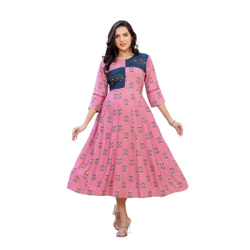 Seduva Women's Rayon  Print With Embroidery Work A-Line Kurti (Wine)