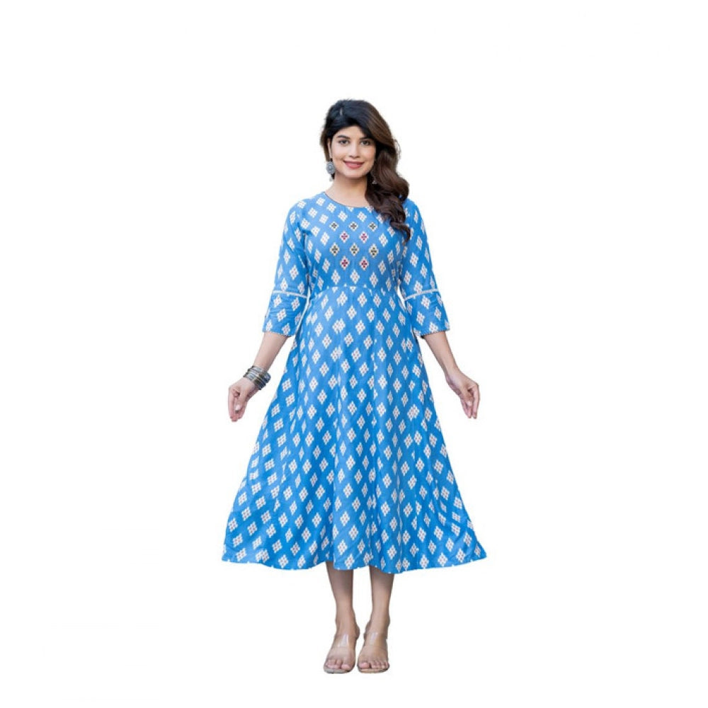 Seduva Women's Rayon Print With Embroidery Work A-Line Kurti (Sky Blue)