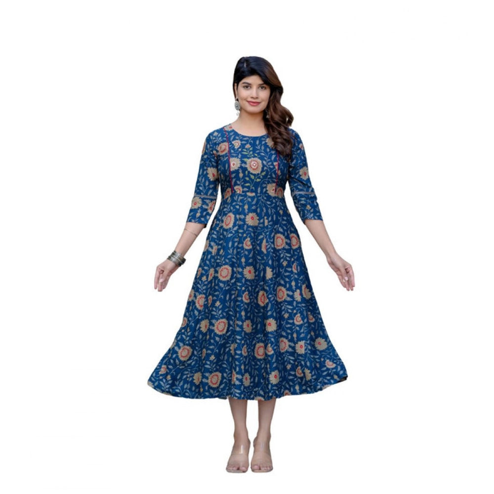 Seduva Women's Rayon Print With Embroidery Work A-Line Kurti (Navy Blue)