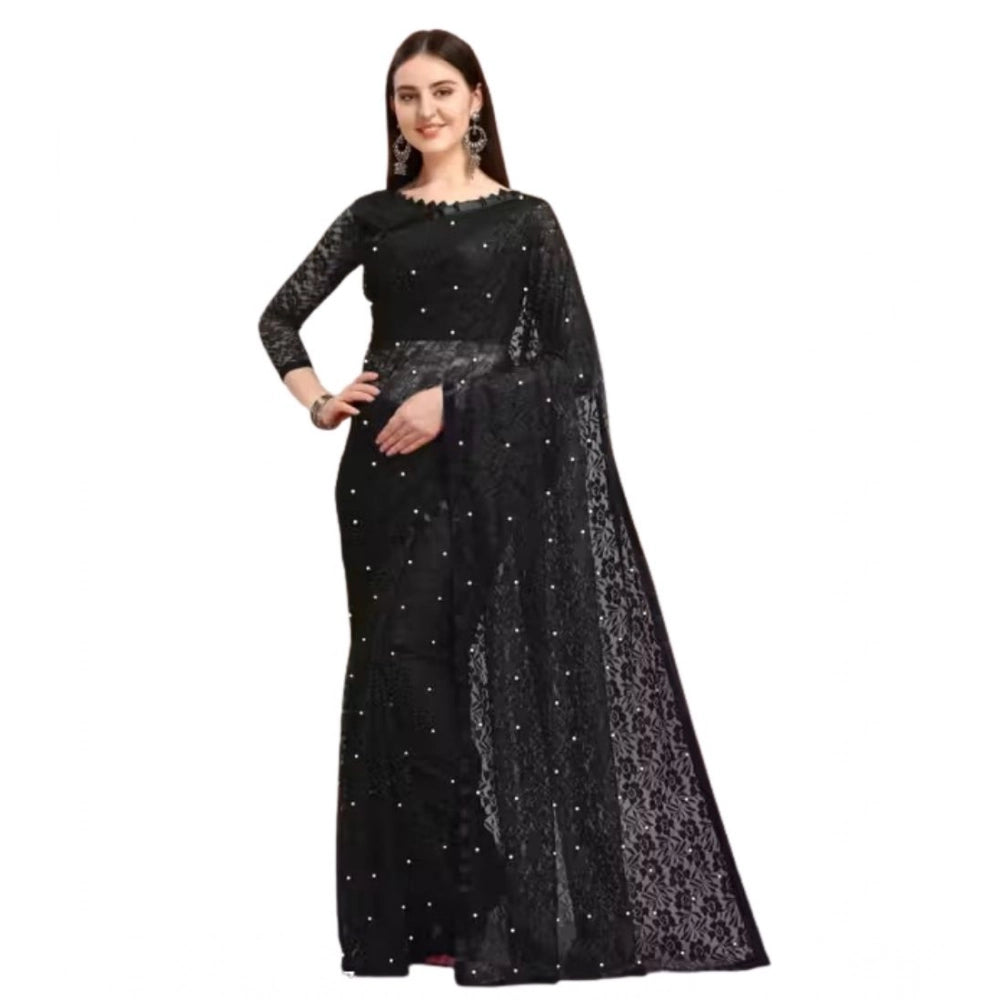 Seduva Women's Net Self Design Saree With Unstitched Blouse 5.5Mtr (Black)