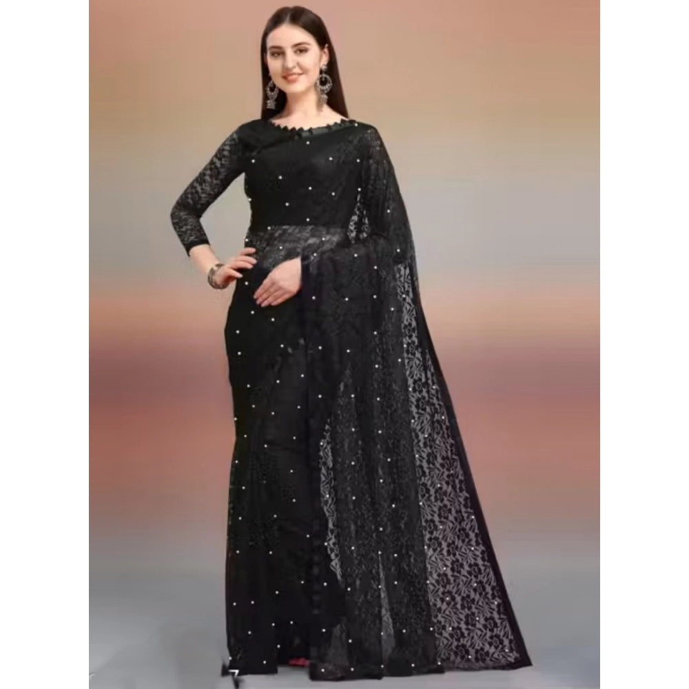 Seduva Women's Net Self Design Saree With Unstitched Blouse 5.5Mtr (Black)