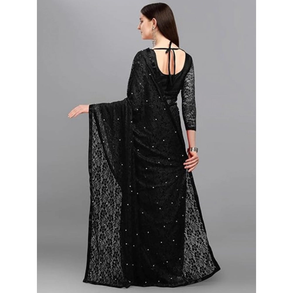 Seduva Women's Net Self Design Saree With Unstitched Blouse 5.5Mtr (Black)