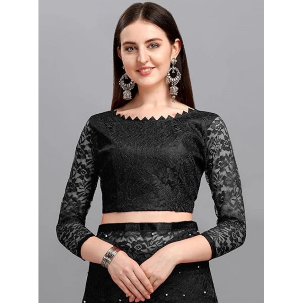 Seduva Women's Net Self Design Saree With Unstitched Blouse 5.5Mtr (Black)