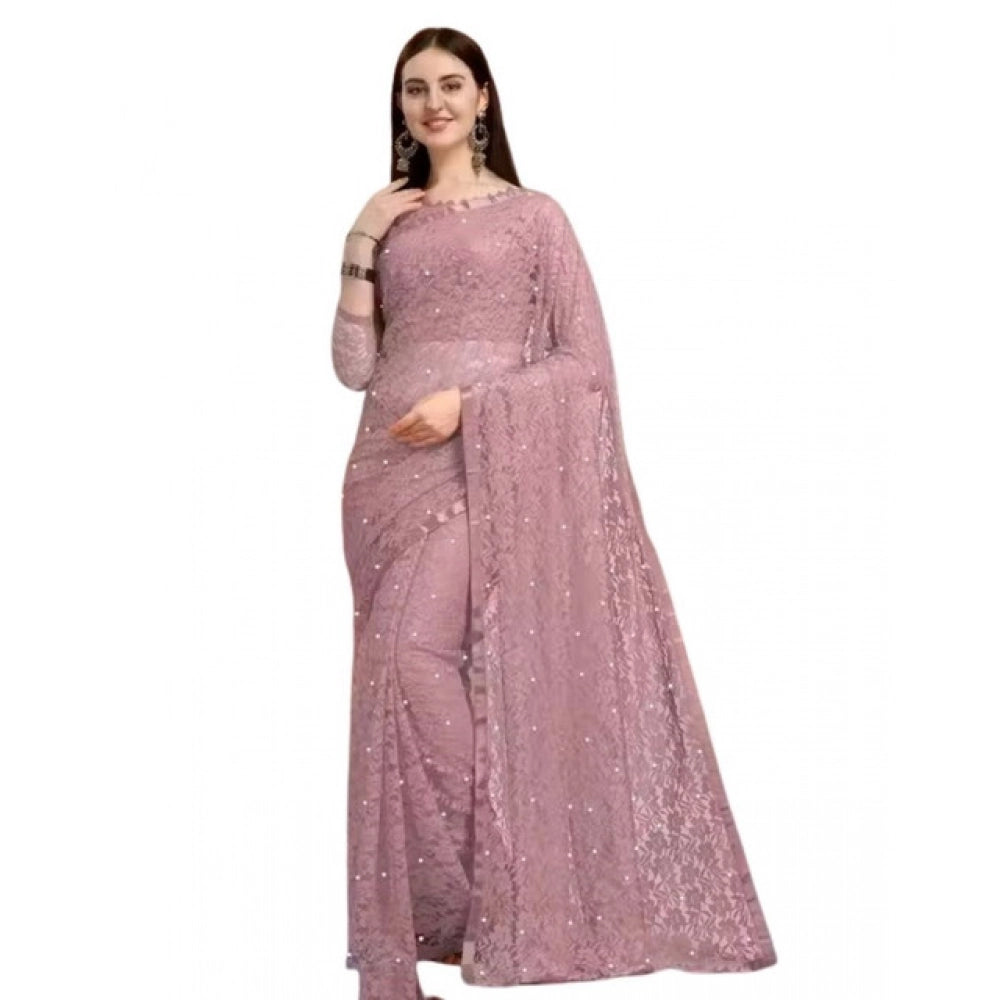 Seduva Women's Net Self Design Saree With Unstitched Blouse 5.5Mtr (Light Brown)