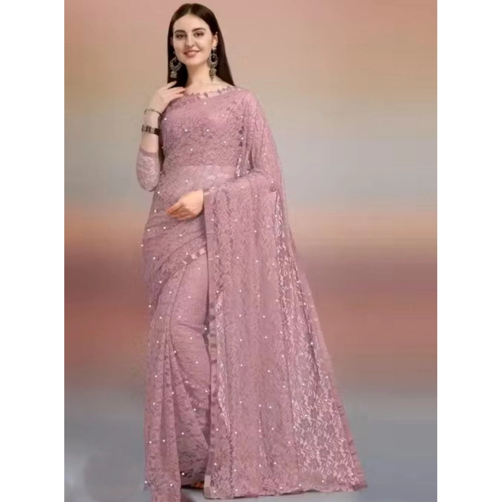 Seduva Women's Net Self Design Saree With Unstitched Blouse 5.5Mtr (Light Brown)